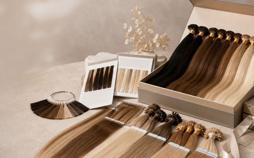 Human hair extension sample kit and colour swatches